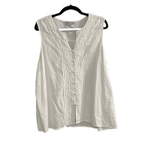 ROSE & THYME Linen Embroidered Sleeveless Blouse Tank Top White 1X